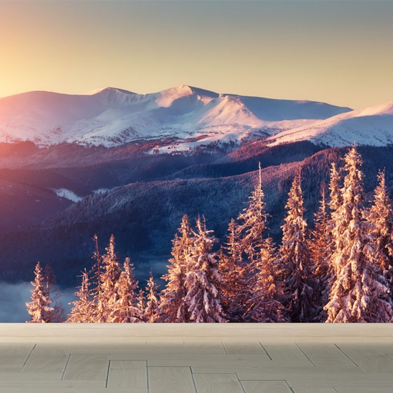 Beautiful Sunset Snow Mountain Mural Decal for Living Room, Orange, Size Optional