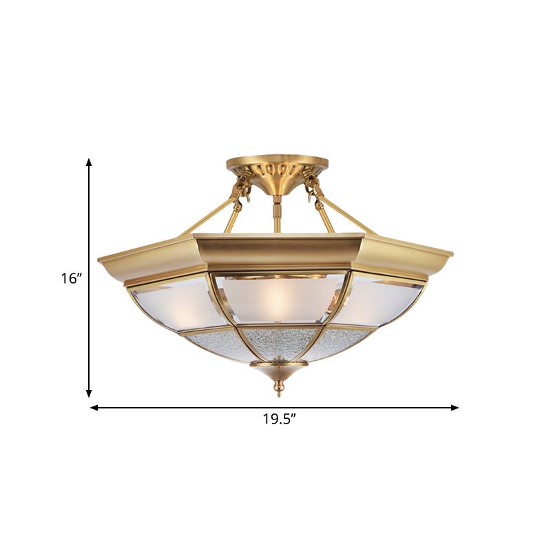 3/4-Light White Glass Semi Flush Colonialist Brass Inverted Living Room Close to Ceiling Lighting, 16"/19.5" W