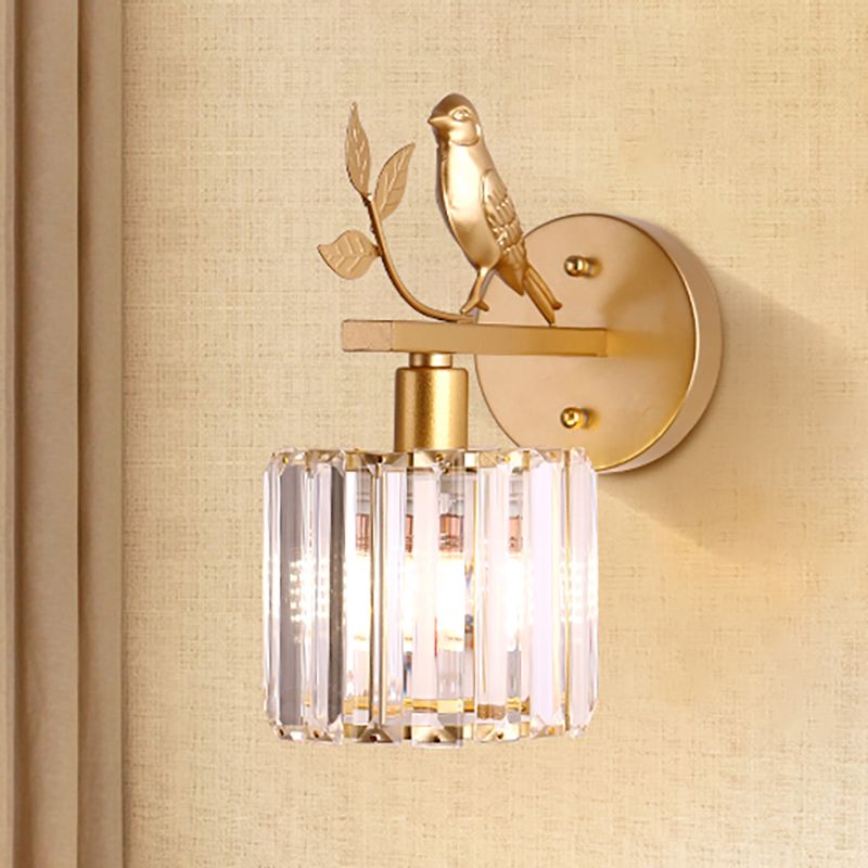 K9 Crystal Cylinder Wall Mounted Lamp Contemporary 1 Bulb Wall Sconce with Bird Accent in Black/Gold