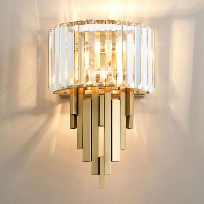 2 Light Metal and Crystal Wall Sconce Brass and Clear Wall Mounted Fixture