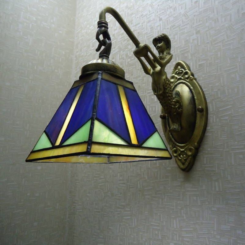 Trapezoid Wall Mount Light Fixture Tiffany Bronze Cut Glass Wall Lighting with Mermaid Arm