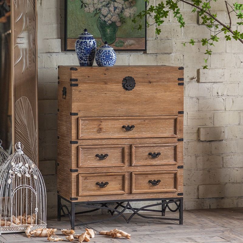 Brown Accent Cabinet Wood and Metal Chest with Storage Drawers