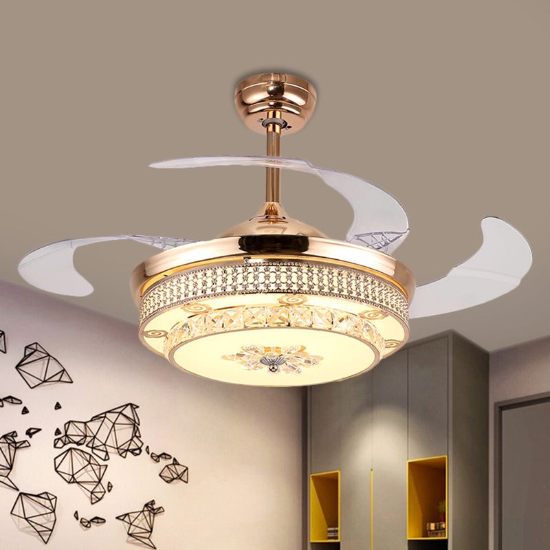 4 Klingen rund Semi Flush Leuchte Minimalismus handgeschnittene Kristall 19 "breit LED Gold Anhänger Lüfterlampe