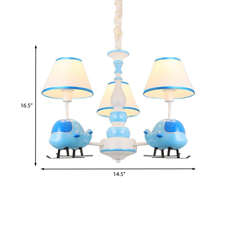 Cartoon Aircraft Chandelier Light Fixture Resin 3/5 Lights Child Room Ceiling Lamp with Cone White Fabric Shade in Blue