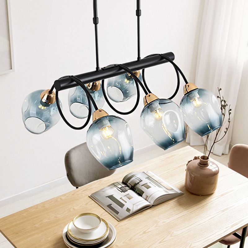 Wine Cup Island Light Modern Dimpled Blue/Green Ombre Glass 6/8/10-Head Black Suspended Lighting Fixture