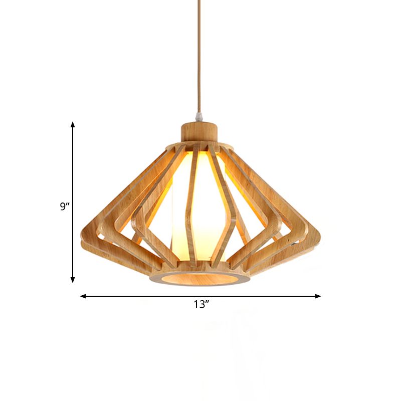 13"/17" Wide Wood Diamond Hanging Light Fixture Modern 1 Bulb Drop Light with Cylinder Glass Shade in Natural Wood