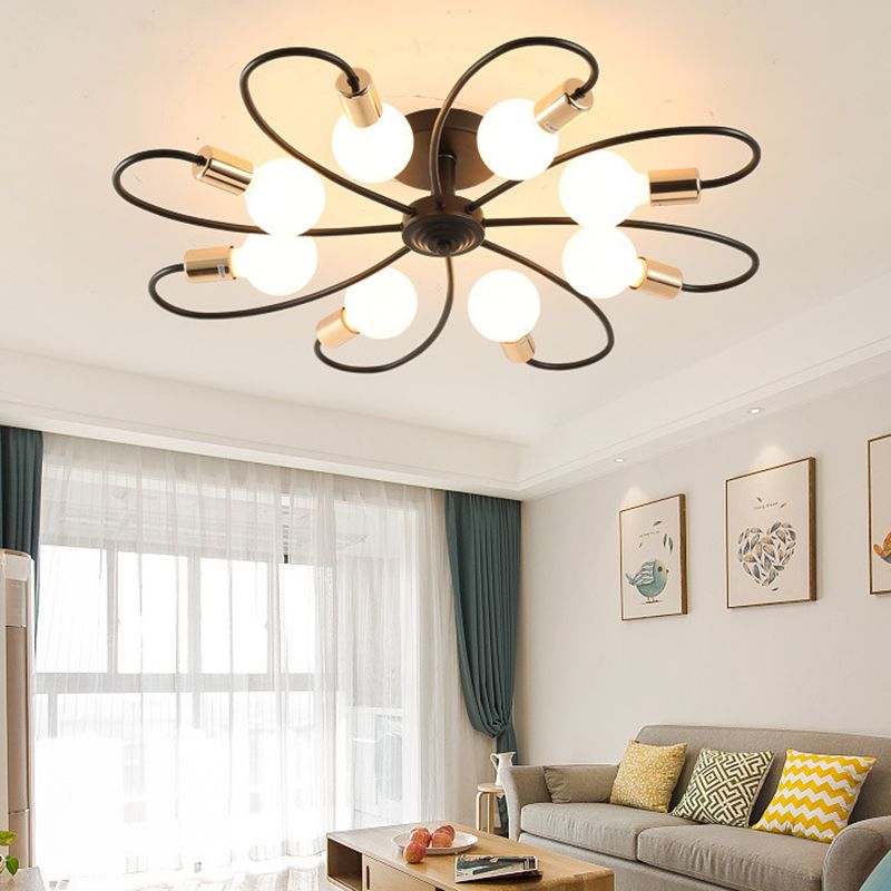 Metal Semi Flush Mount Light Vintage Black Exposed Bulb Living Room Semi Flush Light Fixture