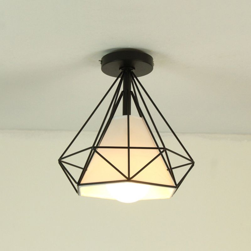Marco de hierro en forma de diamante techo claro de tela blanca simplicidad mini accesorio de iluminación para corredor de balcón