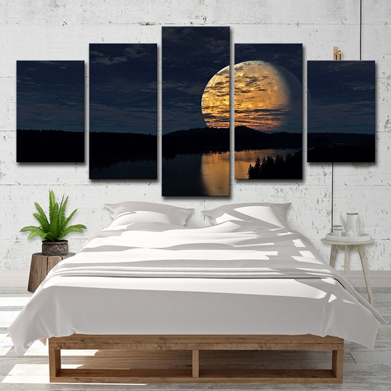 Supermoon over Lake Scene Art Print Kids Bedroom Sci-Fi Canvas in Yellow for Decor