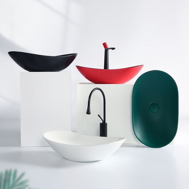 Modern Vessel Bathroom Sink Oval Porcelain with Pop-Up Drain Vessel Lavatory Sink