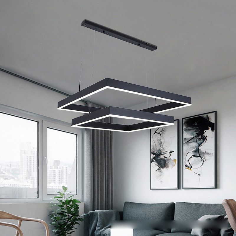 Minimalist Square LED Chandelier Metallic Living Room Suspension Light in Black