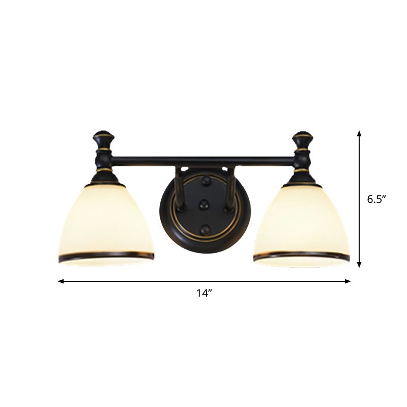 Milky Glass Black Vanity Sconce Tapered 2/3 Lights Retro Style Wall Lighting Idea for Shower Room