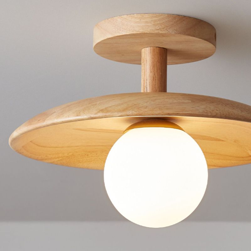 1-Light Ceiling Light Wooden Ceiling Mount Light with Glass Shade for Bedroom