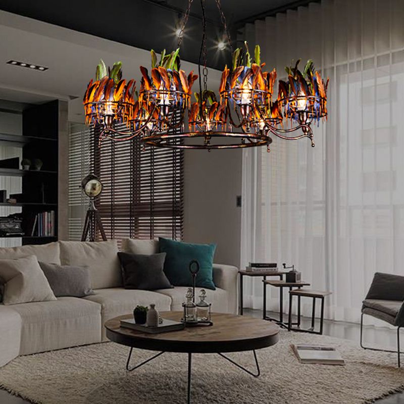 Copper Finish 9-Head Chandelier Lamp Traditional Iron Circular Suspension Pendant with Indian Feather Headwear Element