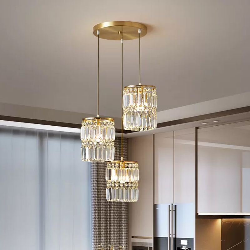 Crystal Prism Cylindrical Multi Pendant Modern 3 Heads Brass Ceiling Light with Round/Linear Canopy