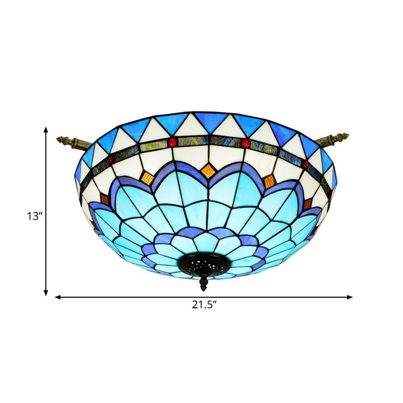 Baroque Dome Semi Flush Mount Lighting 5 Bulbs Handcrafted Stained Glass Close to Ceiling Lamp in White/Blue, 21.5"/25.5" W