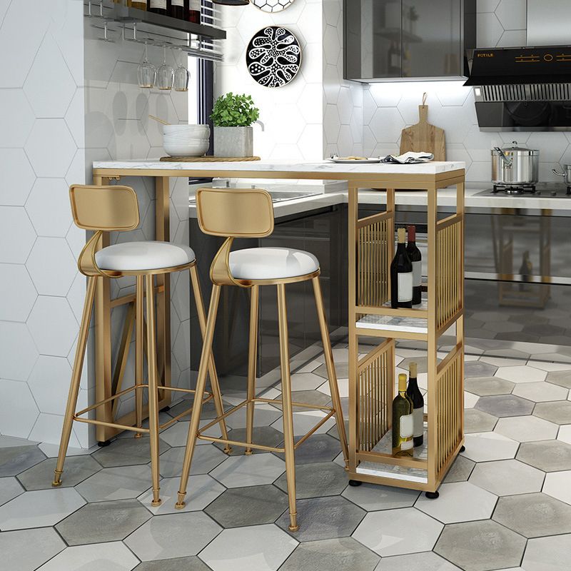 Faux Marble Top Bar Height Table Glam Style Bistro Table with 2 Shelves