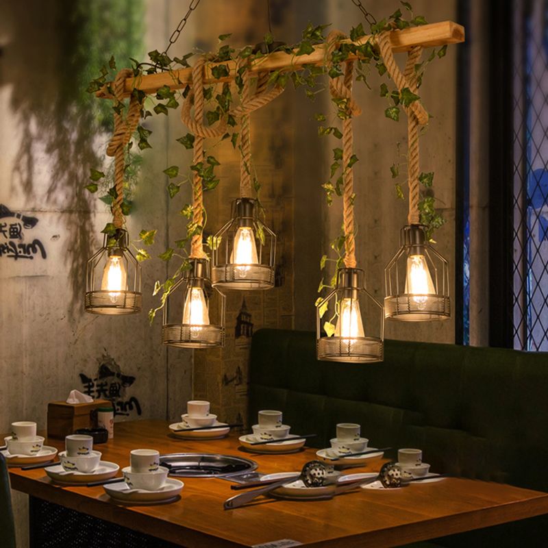 Metal Caged Island Pendant Light Industrial 3/5 Lights Dining Room Rope Hanging Lamp in Brown with Wood Beam