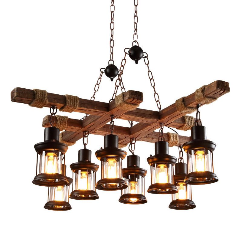 Chandelier 8 - Light Kitchen Island Fixture Wood & Iron Industrial Ceiling Pendant Light