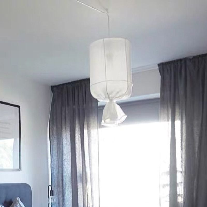 Cylindrical Down Lighting Pendant Minimalist Fabric 1-Light White/Flaxen Ceiling Lamp with Fastener