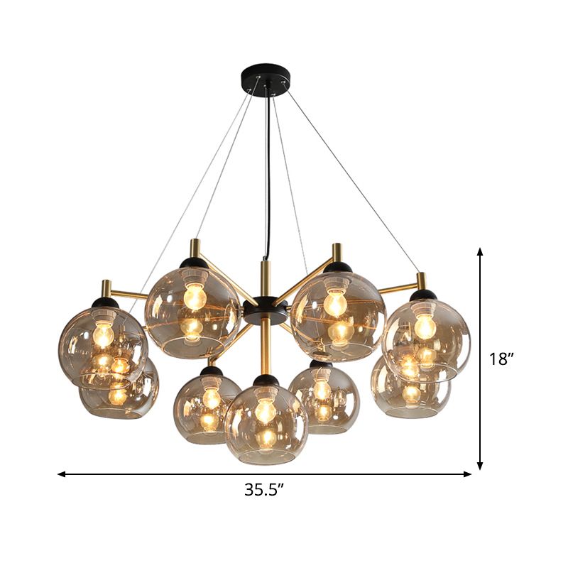 Post-Modern Globe Chandelier Lighting Amber Glass 9 Bulbs Living Room Ceiling Hang Fixture in Brass
