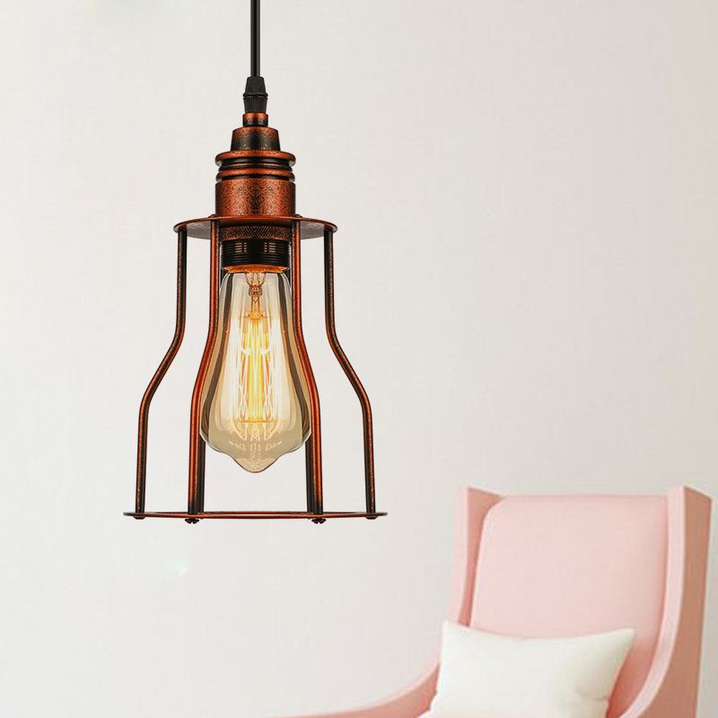Copper 1 Head Pendant Lighting Antique Stylish Metallic Wire Guard Hanging Ceiling Light for Restaurant