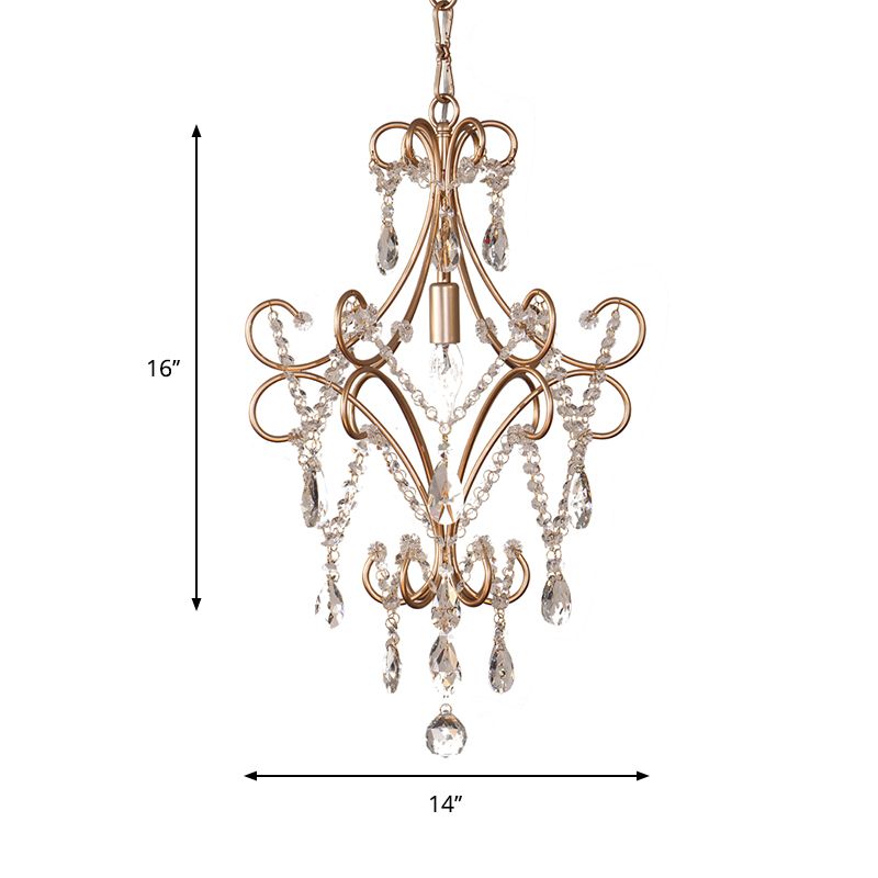 Lámpara de suspensión de techo armado con curvas de estilo francés 1 bulbo de metal colgante de techo colgante con cristal en oro