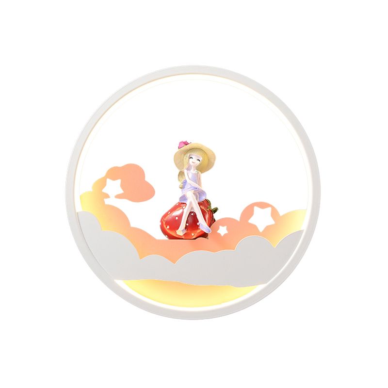 White Cloud Wall Sconce Lighting Contemporary LED Acrylic Ring Wall Lamp Fixture with Girl/Bear/Little Monk Deco