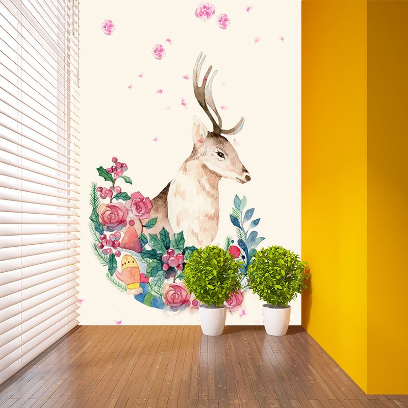 Artistic Deer Wall Covering Murals Pink and Green Flower Wall Decor for Living Room