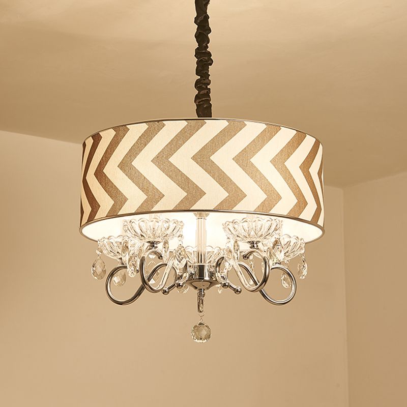 Drum Beige Fabric Chandelier Lamp Traditional 5 Heads Bedroom Hanging Light Fixture with Crystal Drop