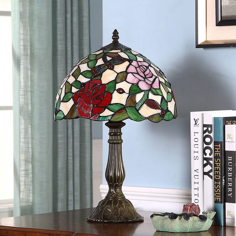 Tiffany Bowl Shade Table Light 1 Lámpara de vidrio de arte hecha a mano de bombilla con patrón de rosa en bronce