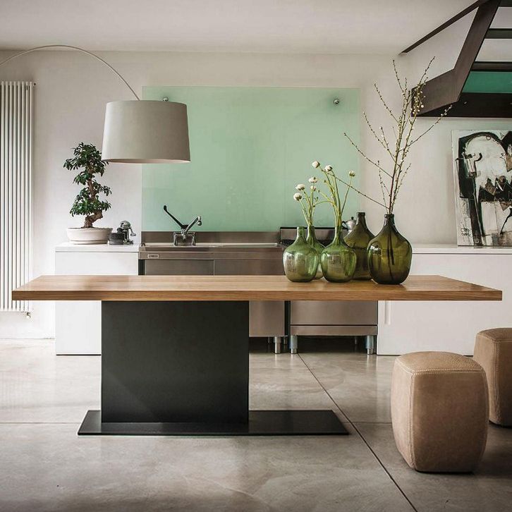 Solid Wood Rectangle Dining Table Modern Kitchen Wood Table with Metal Pedestal