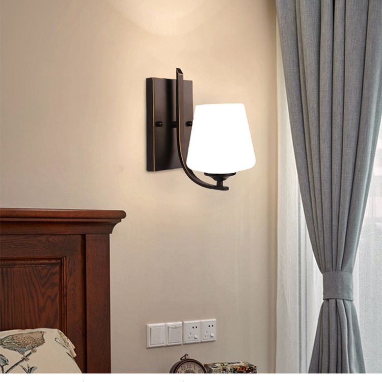 White Glass Black Sconce Lamp Cup-Like Single Bulb Retro Style Wall Mounted Lighting with Rectangle Metal Backplate