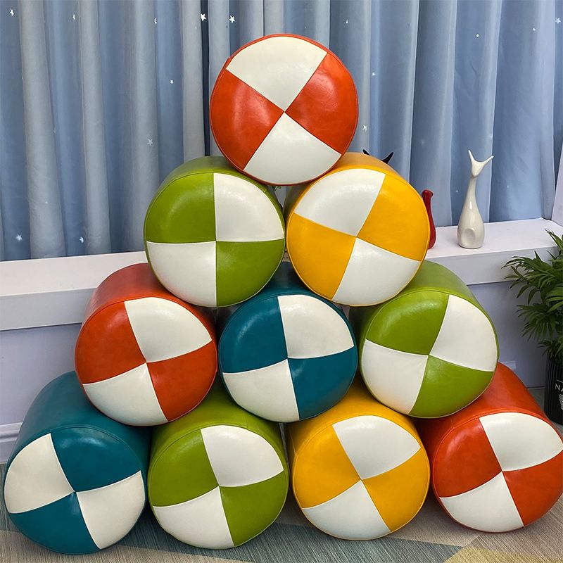 Color Block Pouf Cylinder Shape Faux Leather Contemporary Stain Resistant Pouf