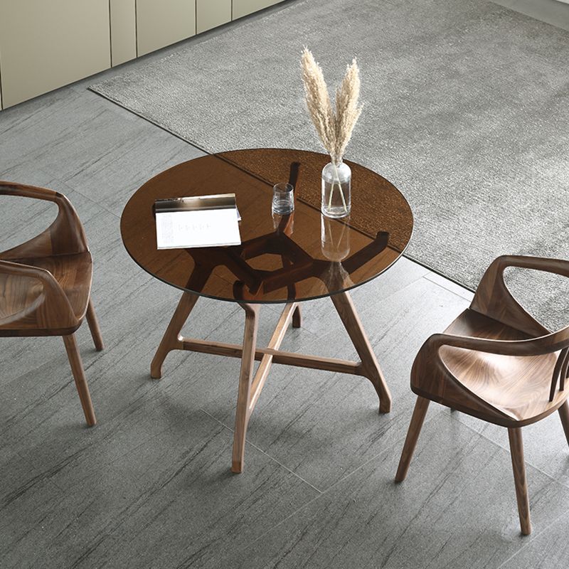 23.6'' Round Shape 4 Legs Table Modern Brown Tone Fixed Table of Glass