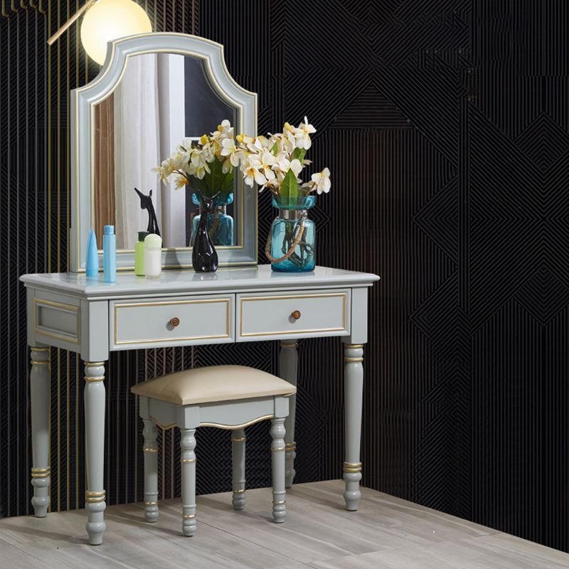 Mirror Desk Furniture 2 Drawer Blue Vanity with Padded Stool