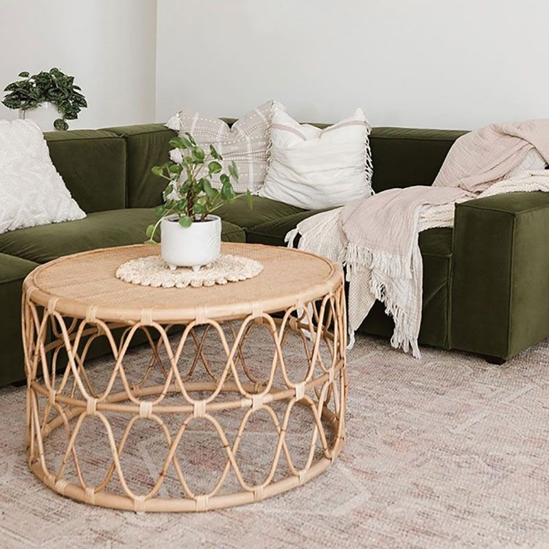 Scandinavian Round Top Coffee Table Rattan Drum Cocktail Table