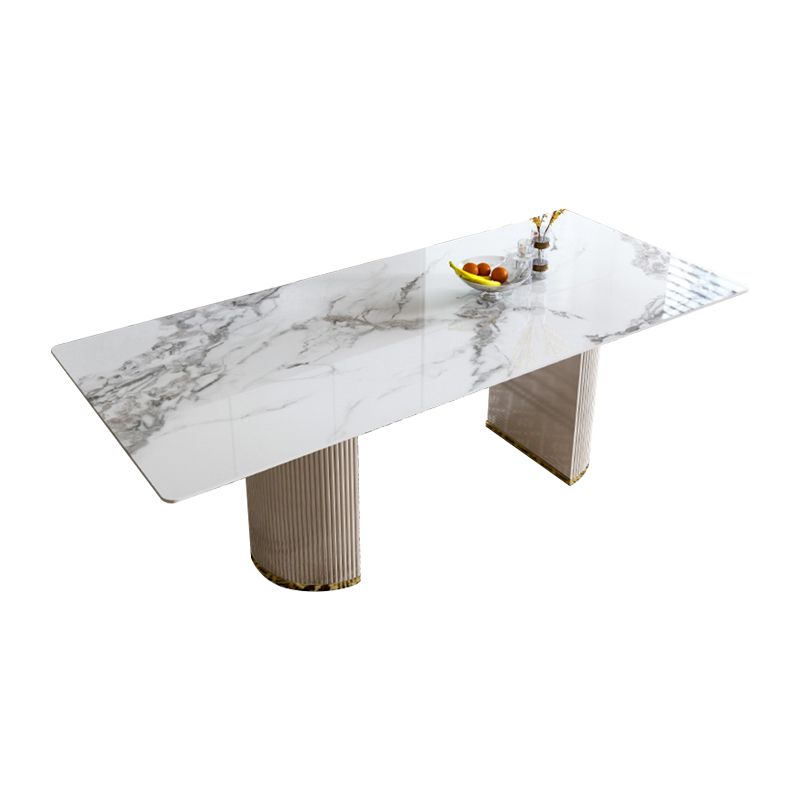 Luxury White Tone Dining Table Sintered Stone Table with Double Pedestal