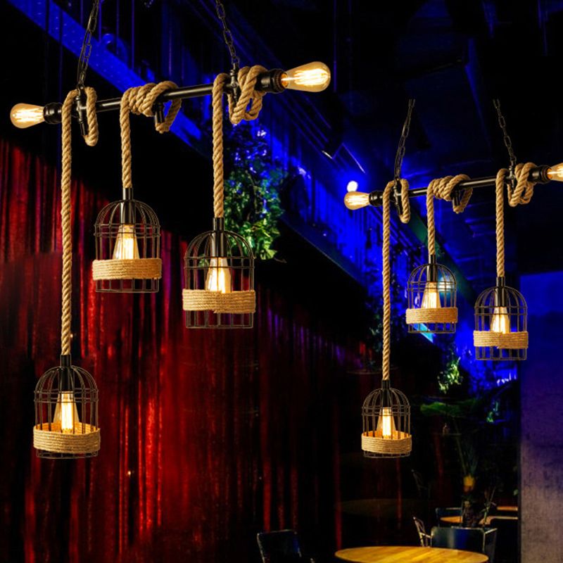 Industrial Iron Cage Shape Island Lamp Metal 5 Lights Pendant Light for Restaurant