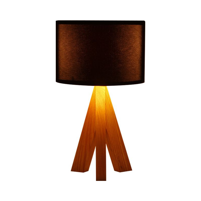 Black/White Cylinder Table Lighting Modern 1 Light Fabric Night Lamp with Wood Tripod Stand