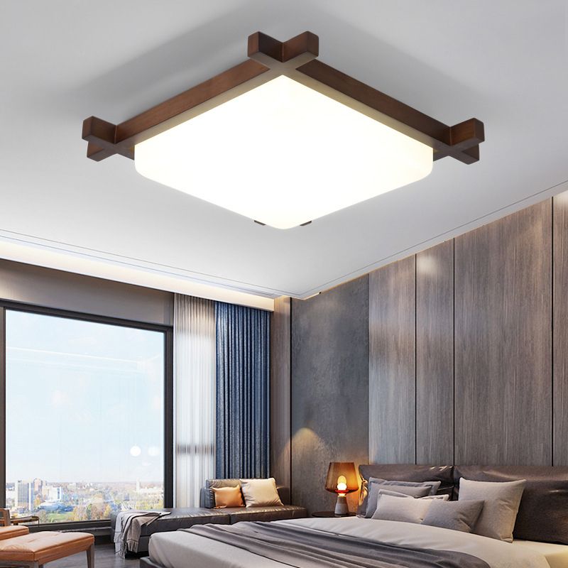 Square Bedroom Flush Light Acrylic Nordic Style LED Flush Ceiling Light Fixture in Wood