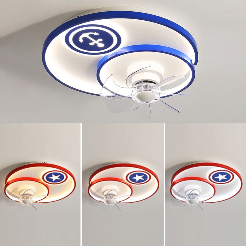 Cartoon Disc Shaped Flush Mount Fan Lamp Metal Boys Room LED Semi Flush Light