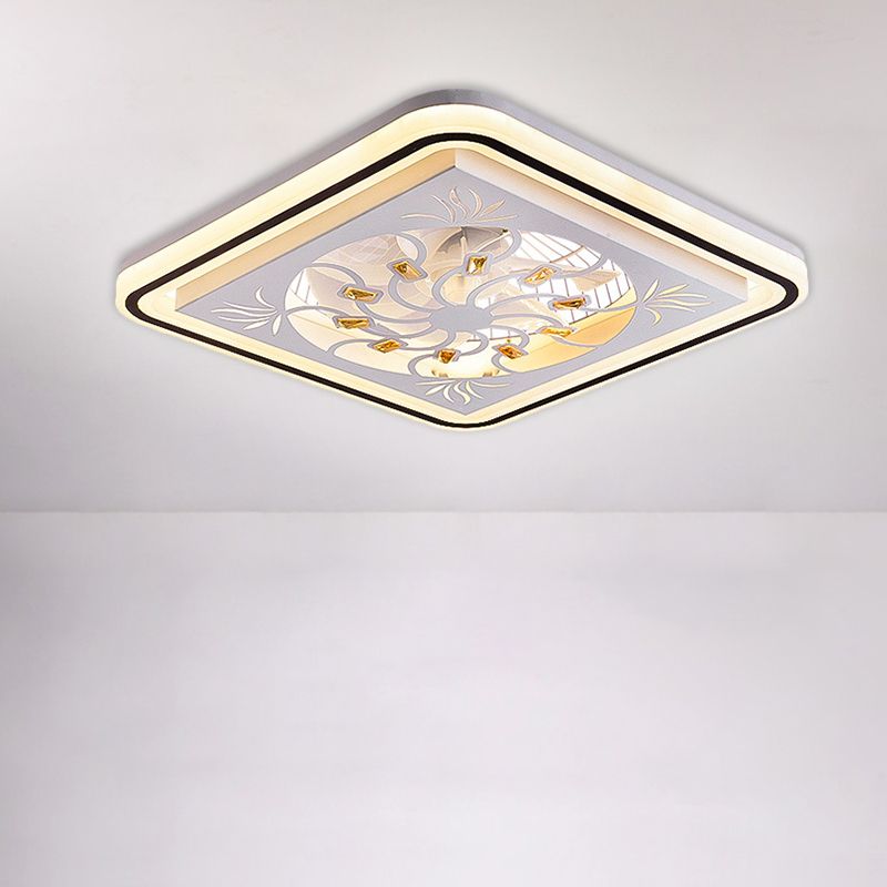 7 Blades LED Square Semi Flush Light Moderne weiße Kristallblöcke Anhängerlüfter, 21,5 "breit