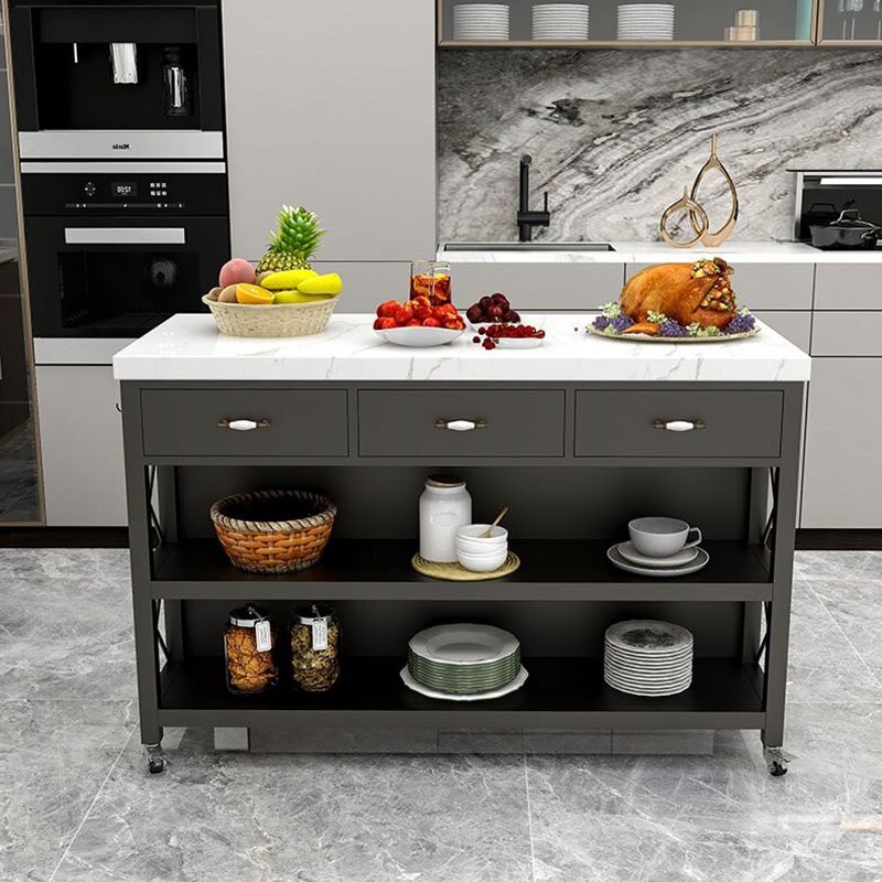 Modern Style Rolling Kitchen Cart Metal Rectangular Kitchen Island Cart with Open Storage