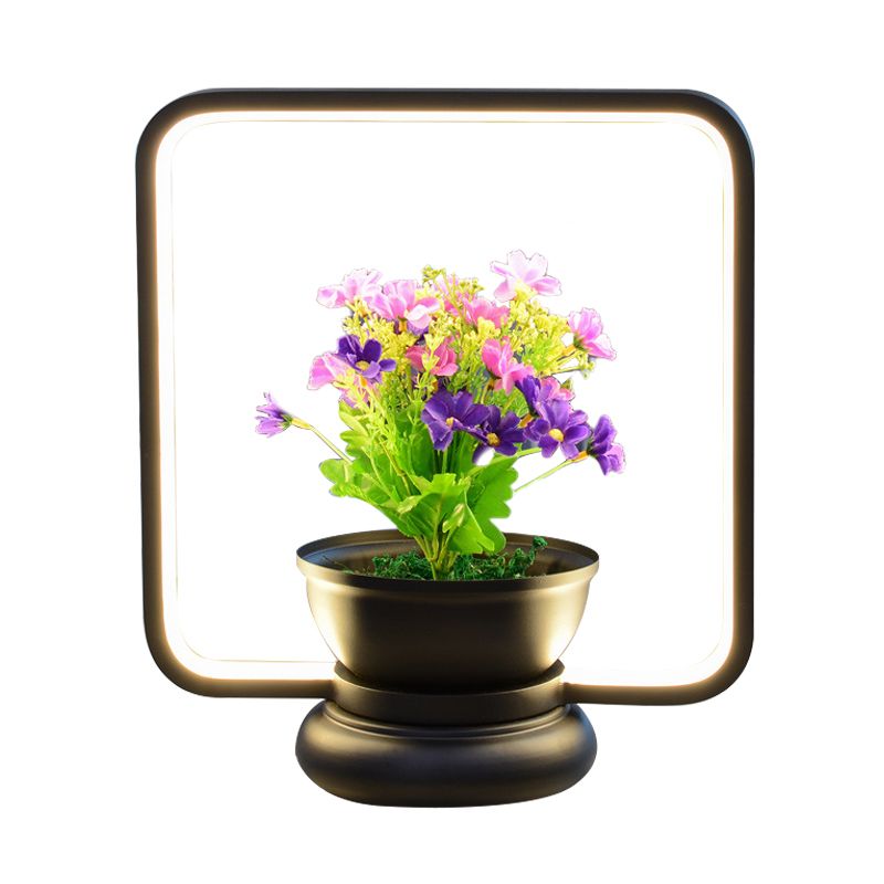 Ronde/vierkante slaapkamer Tafellicht Industrieel metalen LED Zwart/Wit Nachtlamp met plantendecoratie, warm/wit licht