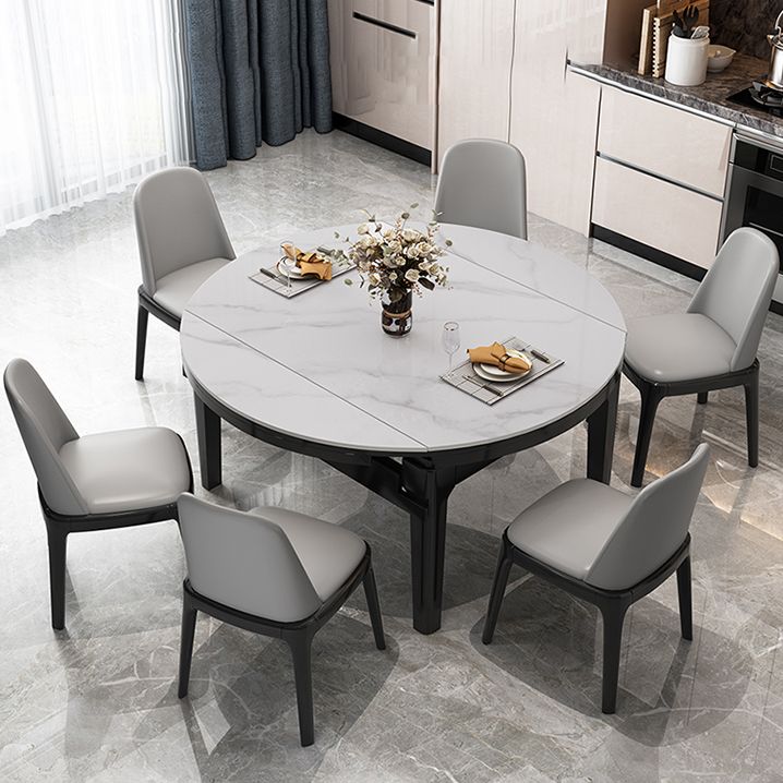 Round Modern Stone Dining Table Extendable for Small Spaces in Grey
