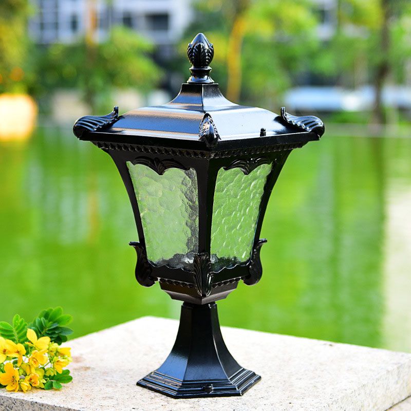 1 Bulb Post Lighting Vintage Flared Square Ripple Glass Landscape Lamp for Outdoor