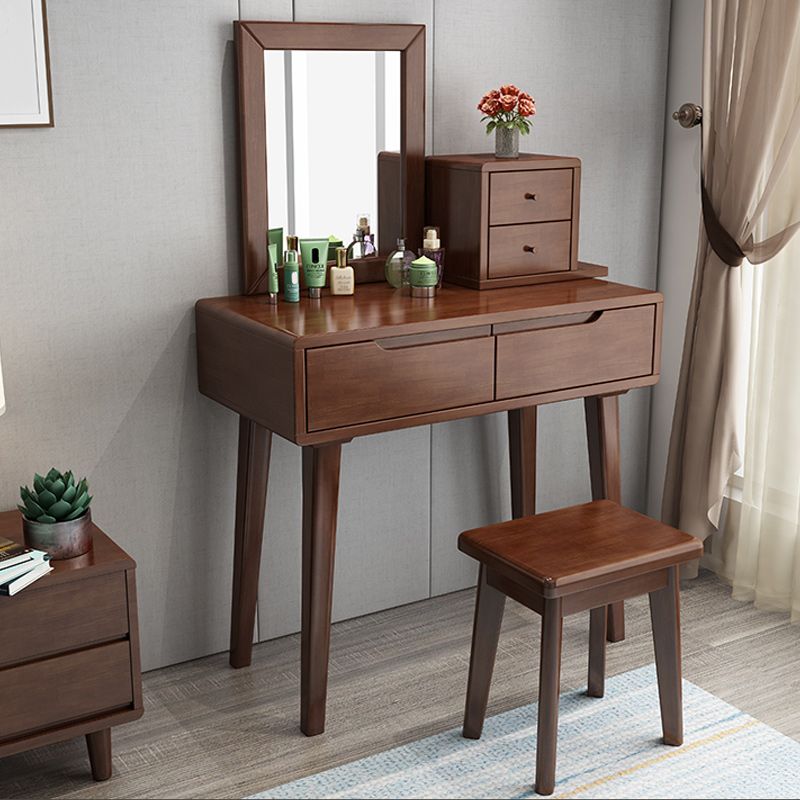 Contemporary Solid Wood Makeup Table Vanity Stool with Drawers and Mirror
