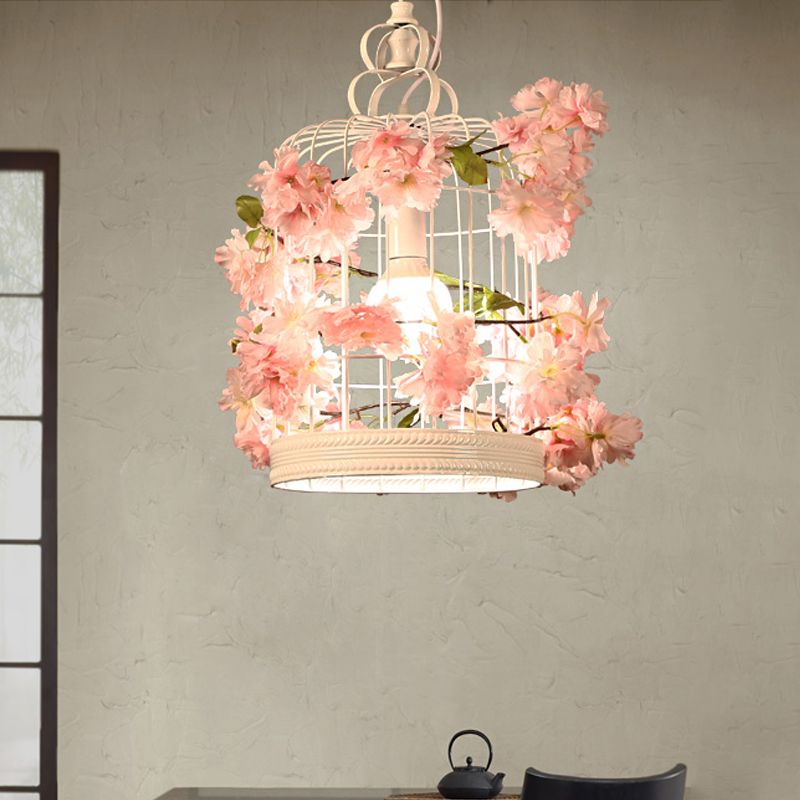 Birdcage Restaurant Suspension Lamp Warehouse Iron 1 Bulb White Flower Pendant Light Fixture