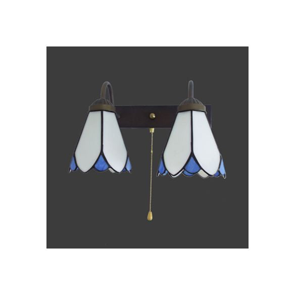 White Glass Lily Sconce Light Fixture Tiffany 2 Heads Black Wall Mount Light with Pull Chain Switch